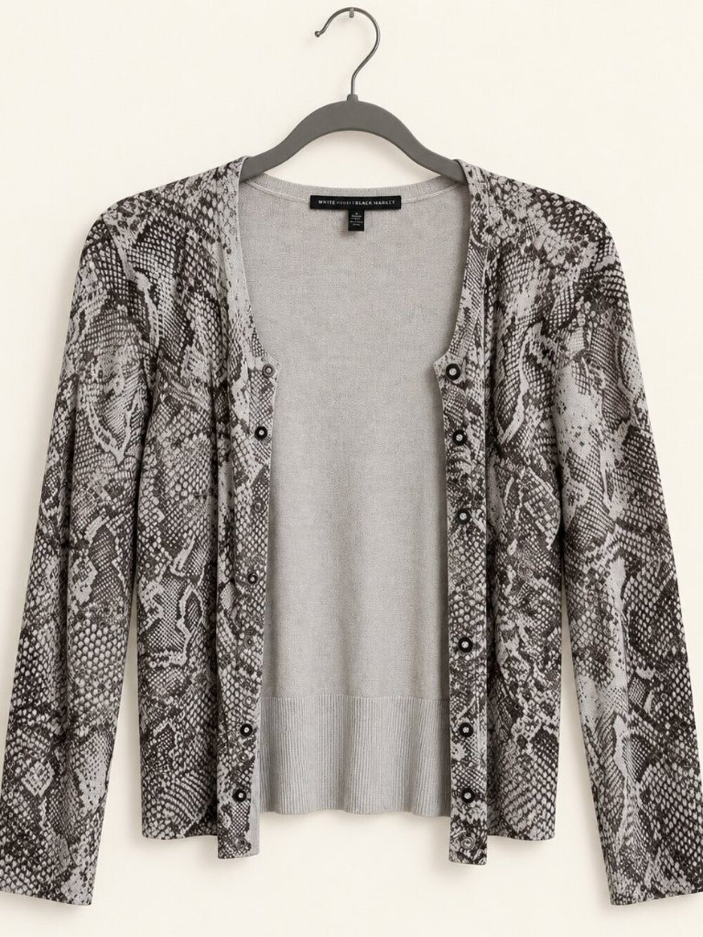 White House Black Market Gray Black Snake Print Jeweled Button Cardigan S